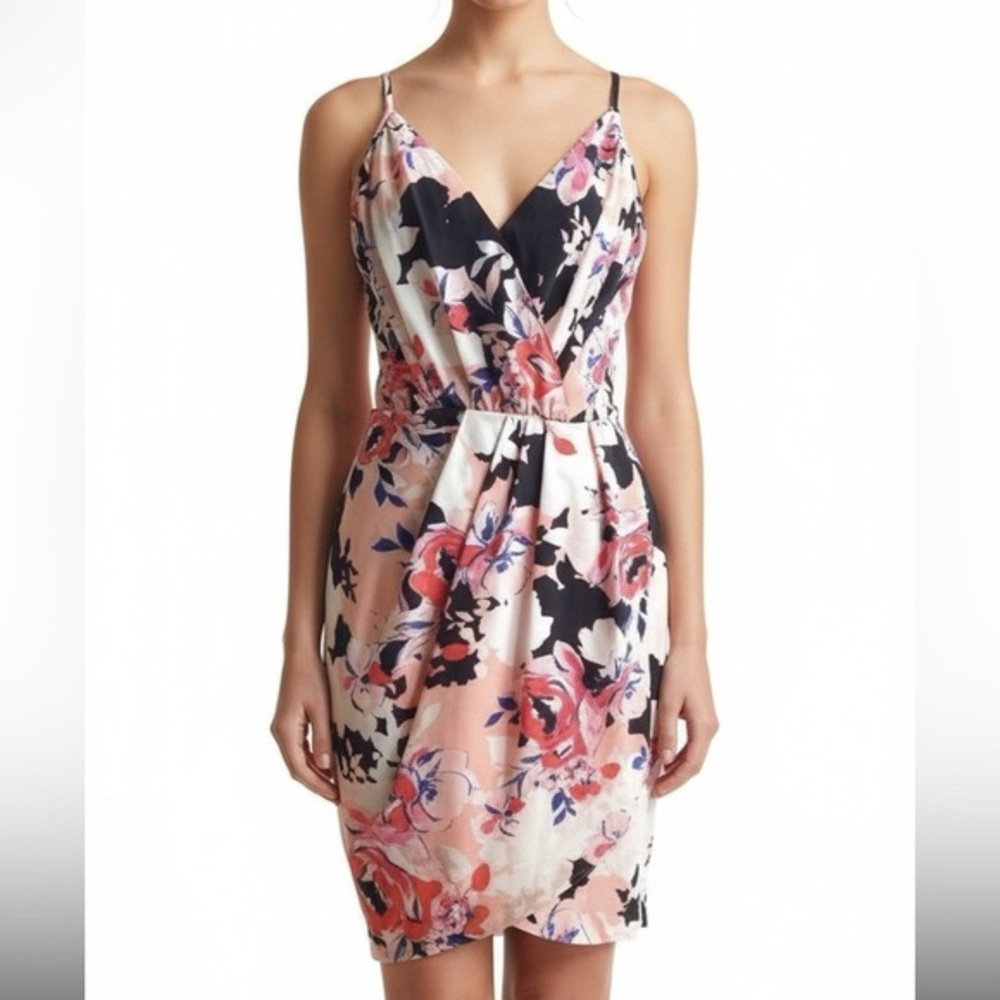 Yumi Kim Faux Wrap Sleeveless Mini Dress Pleated Lined Floral Pink Blue White M